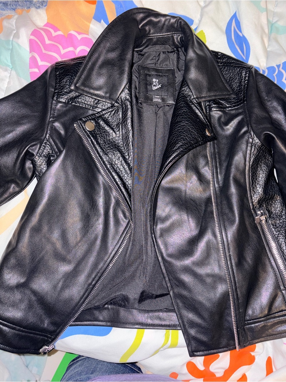 art class Black Faux Leather Moto Jacket for Kids